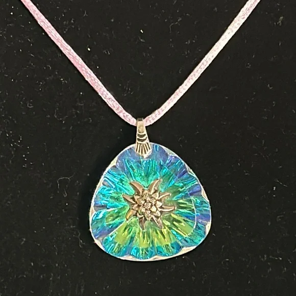 Vintage Iridescent Mermaid Glass Flower Encrusted Pendant on Silk Cord Necklace - Picture 2 of 8